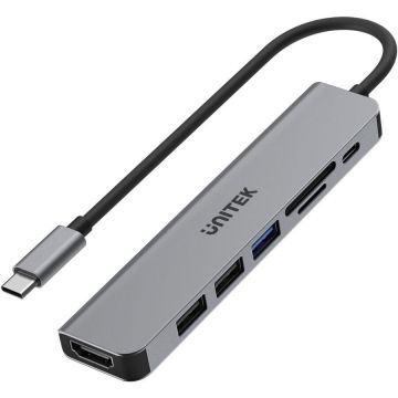 UNITEK Hub Unitek H1118A USB-C 7 in 1,  USB-A x3, USB-C, HDMI, SD, microSD, Gri Inchis