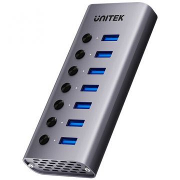 UNITEK Hub Unitek USB A 3.0 7 in 1, 5 Gbps cu comutatoare de porturi (H1314A01-EU), Gri spatial