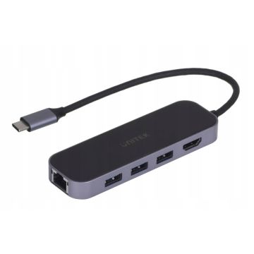 UNITEK Hub Unitek, USB-C 3.1, RJ-45, USB, HDMI, 4K, 100W, Negru/Gri
