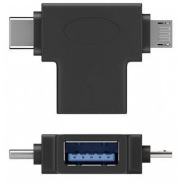 Adaptor OTG USB-A la USB-C + micro USB-B M-T Negru, 55554