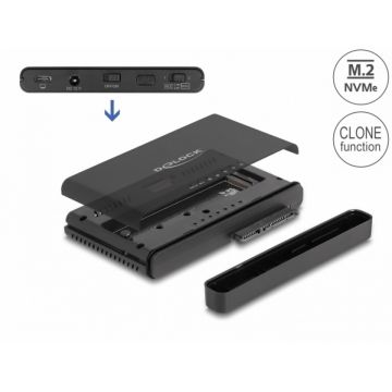 Convertor USB 3.2 Gen2 type C la M.2 NVMe SSD + 1 x SATA SSD/HDD cu functie de clona, Delock 64190