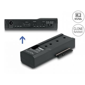 Convertor USB type C la 1 x SSD M.2 NVMe + 1 x SATA SSD/HDD Functie de clona, Delock 64252