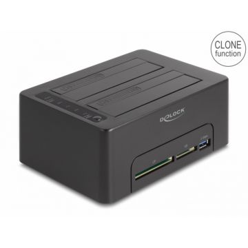 Docking station pentru 2 x SATA HDD/SSD cu Functie Clona + Card Reader + USB-A, Delock 64183
