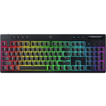 Razer Tastatura Gaming Wireless Razer BlackWidow V4 Low-profile HyperSpeed, 2.4G/Bluetooth, Chroma RGB, 11 butoane multimedia, Switch-uri Orange Tactile&Quiet, Layout US, Negru