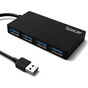 spacer HUB extern Spacer, porturi USB: USB 3.0 x 4, conectare prin USB 3.0, cablu 15cm, Negru