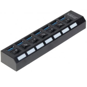 USB Hub Techstar® HB6, 3.0 High Speed, 7 Port USB 3.0, Buton On/Off, Conexiune USB 3.0 de mare viteza
