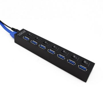 USB Hub Techstar® HB6, 3.0 High Speed, 7 Port USB 3.0, Buton On/Off, Conexiune USB 3.0 de mare vitezam Alimentator Extern