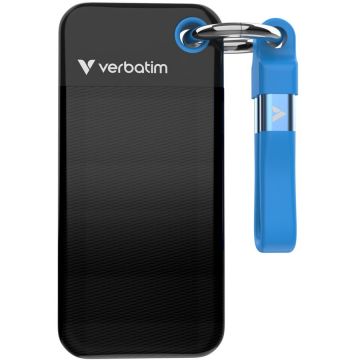 Verbatim SSD extern Portabil Verbatim Pocket 2 TB, USB-C 3.2 Gen 2 (10 Gbit/s), cu breloc si suport pentru cablu, Negru-Albastr
