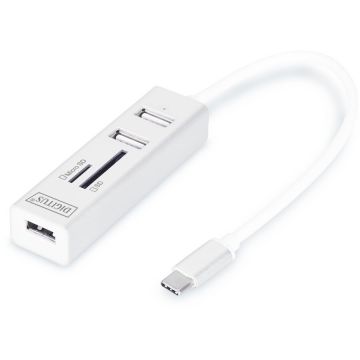 Digitus Hub USB cu Cititor de Carduri Digitus DA-70243, USB-C, 3 porturi USB 2.0, SD/MicroSD, Aluminiu