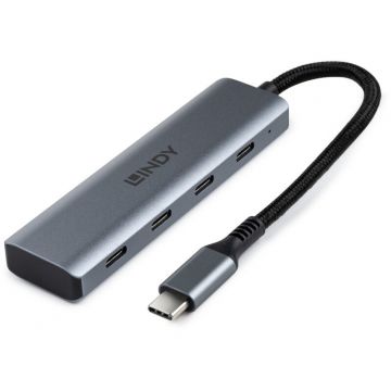 Lindy USB Hub Lindy 43414, interfata USB-C, 4x USB-C 3.2 Gen 2, viteze de transfer de pana la 10 Gbps, cablu 15 cm, aluminiu, gri