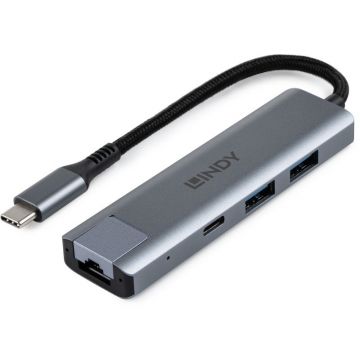 Lindy USB Hub Lindy 43422, interfata USB-C la  2x USB-A 3.2 Gen 2 si USB-C 3.2 Gen 2, RJ45, Gigabit Ethernet, cablu 15 cm, aluminiu, gri