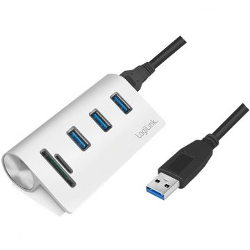 logilink HUB USB LOGILINK CR0045, USB 3.0 x 3, slot card SD, MicroSD, conectare prin USB 3.0, Argintiu