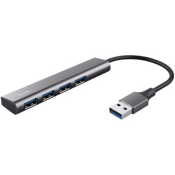 Trust USB Hub Trust Halyx, interfata USB-A, 4 x USB-A 3.2 Gen 1, viteza de transfer pana la 5 Gbps, cablu 10 cm, aluminiu, argintiu