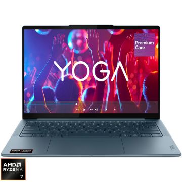 Laptop Lenovo 14'' Yoga Slim 7 14AKP10, 2.8K OLED 120Hz, Procesor AMD Ryzen™ Al 7 350 (16M Cache, up to 5.0GHz), 32GB LPDDR5X, 1TB SSD, AMD Radeon 860M, No OS, Tidal Teal, 3Yr Onsite Premium Care