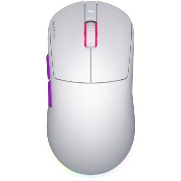 HATOR Mouse wireless Hator Quasar 3 ULTRA 8K, 30K DPI, conectivitate 2.4GHz, bluetooth 5.4 si USB, switch HATOR Optical 100M, side switch Huano 5M, alb