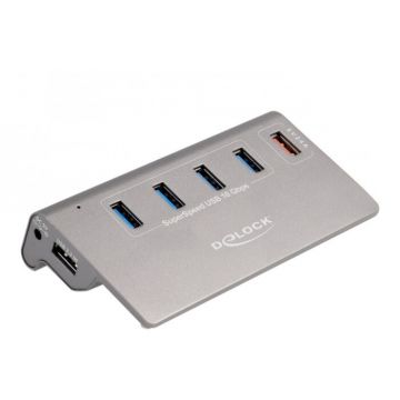Hub USB USB 10 Gbps hub with 4 USB Type-A ports + 1 quick charging port, USB hub (grey, incl. power supply)
