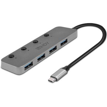 Lindy Hub extern Lindy LY-43383, Conectare USB Type-C, Porturi 4 x USB 3.2, Buton On/Off, Negru, LY-43383