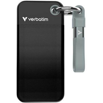 Verbatim SSD extern Portabil Verbatim Pocket 2 TB, USB-C 3.2 Gen 2 (10 Gbit/s), cu breloc si suport pentru cablu, Negru-Gri