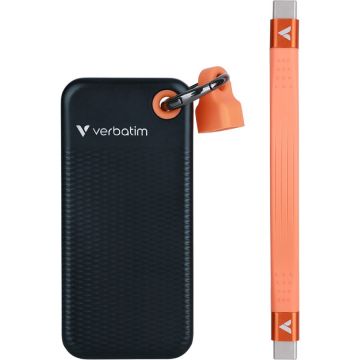 Verbatim SSD extern Portabil Verbatim Pocket 2 TB, USB-C 3.2 Gen 2 (10 Gbit/s), cu breloc si suport pentru cablu, Negru-Portocaliu