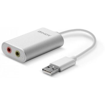 Adaptor LINDY 1x USB tip A Male - 2x Jack 3.5 mm Female, Argintiu