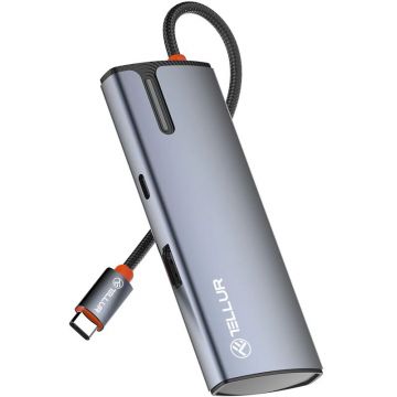 Tellur Hub USB-C 1x PD 3.0 100W, 1x HDMI 4K, 3x USB 3.0, aluminiu gri
