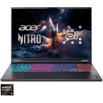 Acer Laptop Gaming Acer Nitro 16S AI AN16S-61-R0FL, procesor AMD Ryzen™ AI 9 365 pana la 5 Ghz, 16 inch, WUXGA IPS 180Hz, 16GB DDR5, 1TB SSD, NVIDIA® GeForce RTX™ 5060 8GB, No OS, Negru