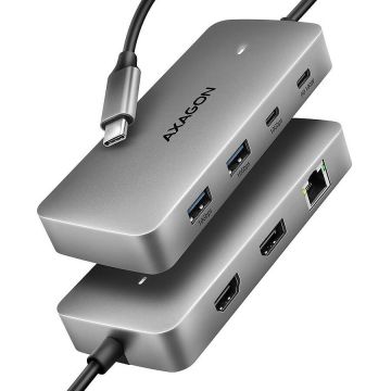 AXAGON Hub HMC-CUB83X2, 7in1, USB-C 3.2, HDMI 4K/60Hz, DisplayPort 4K/60Hz, GLAN, PD 100W, Gri