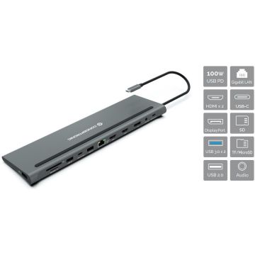 conceptronic Docking Station Conceptronic DONN17G, 12 porturi, 100W USB PD, HDMI x 2, DisplayPort, GbE, USB-A 3.0 x 2, USB-A 2.0, USB-C 5Gbps, SD, TF/MicroSD, Audio, Gri