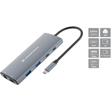 conceptronic Statie de andocare Conceptronic DONN06G, USB-C 3.2 Gen 1, Power Delivery 100W, HDMI 4K, Gigabit Ethernet, Cititor carduri