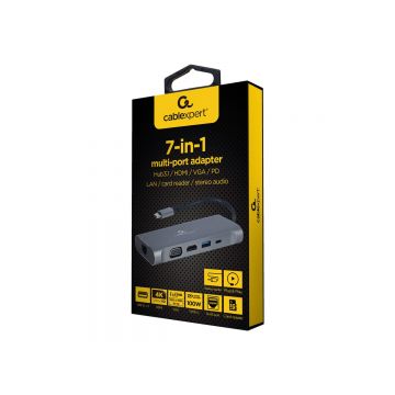 GEMBIRD A-CM-COMBO7-01 Multi Port Adapter USB Type C Hub3.0 HDMI VGA PD card reader stereo audio space grey
