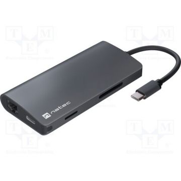 natec Docking  multiport Natec Fowler 2 V2 8 in 1 Hub USB 3.0 HDMI 4K USB-C RJ45 SD micro SD, Negru