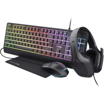 Trust Kit Trust GXT 792 Quadrox 4-in-1, Tastatura, iluminare RGB, USB + Mouse Optic, Wired, USB + Casti, Wired, USB + Mouse Pad, Negru
