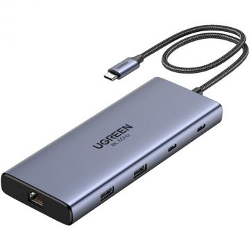 Ugreen Hub USB-C Ugreen 10in1 CM639-45380, 3x Type-C, 2x USB-A, 2x HDMI, RJ45, TF, SD Card, PD100W, 1000Mbps, Gri