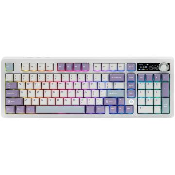 Ajazz Tastatura mecanica de gaming MechLands Ajazz AK980 V2 cu ecran, baterie de 10000mAh, tastatura wireless 98% cu BT/USB-C/2.4GHz, inlocuire la cald, comutator liniar, buton, RGB pentru Win/Mac, Alb-Violet-Albastru