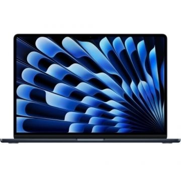 Apple Laptop Apple MacBook Air 15.3 cu procesor Apple M5, 10 nuclee CPU, 10 nuclee GPU, 16 nuclee Neural Engine, 24GB RAM, 512GB SSD, Negru, Tastatura US English