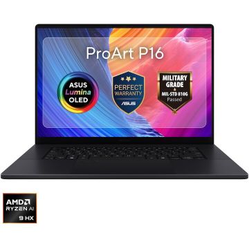 Asus Laptop ASUS ProArt P16 H7606WX, procesor AMD Ryzen™ AI 9 HX 370 pana la 5.10GHz, 16 4K, OLED, Touch, 120Hz, 64GB LPDDR5X RAM, 2TB SSD, NVIDIA GeForce RTX 5090 24GB, Windows 11 Pro, Negru