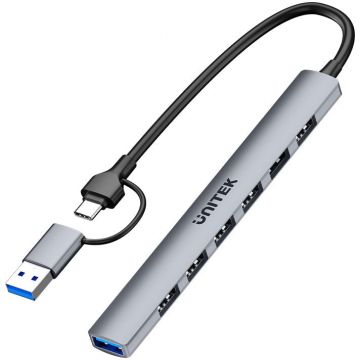 UNITEK Hub USB UNITEK H1209AGY01, 7 porturi (1x USB 3.0, 6x USB 2.0), 5 Gbps, carcasa aluminiu