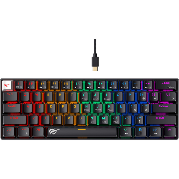 HAVIT Tastatura gaming mecanica HAVIT KB903L, 61 taste, full anti-ghosting, US Layout, switch-uri Red, Conectare type C, Negru