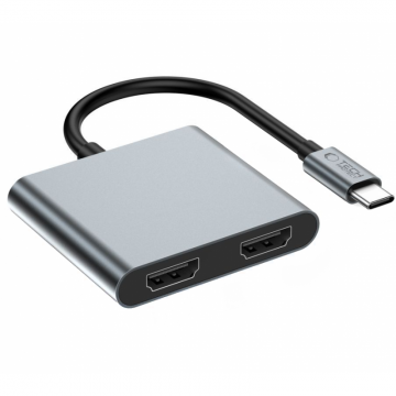 Tech-Protect Adaptor HUB aluminiu 4-in-1 TECH-PROTECT HB08, USB-C, USB 2.0, 2 x HDMI 4K 60HZ, Gri